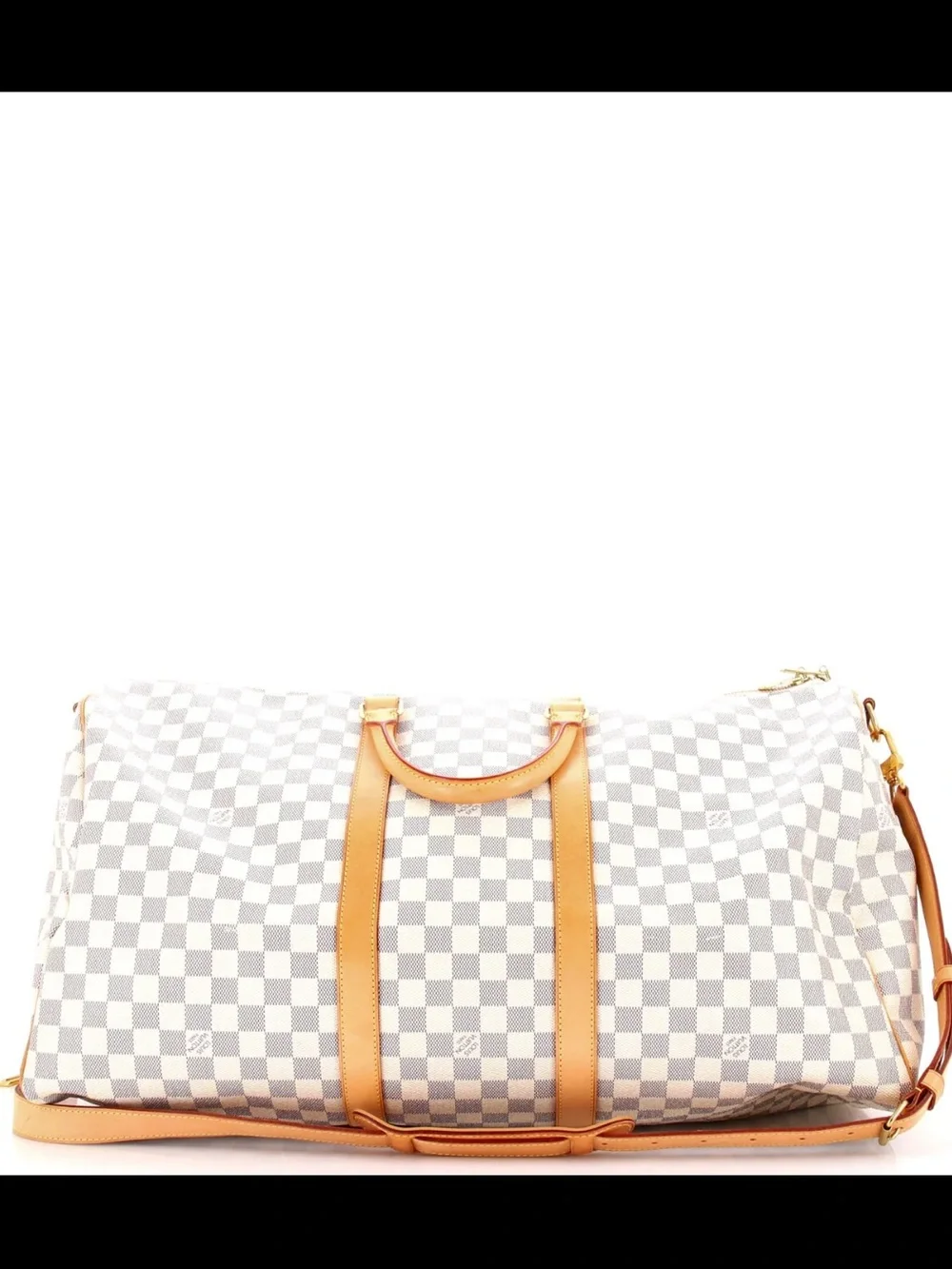 Louis Vuitton White Checkered Keepall 55 Travel Bag with Tan Leather Trim - Picture 3 of 8